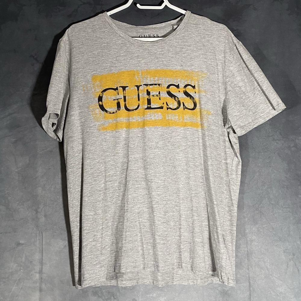 Guess Graphic Print T-shirt Grey Yellow Brush Stroke Design XL